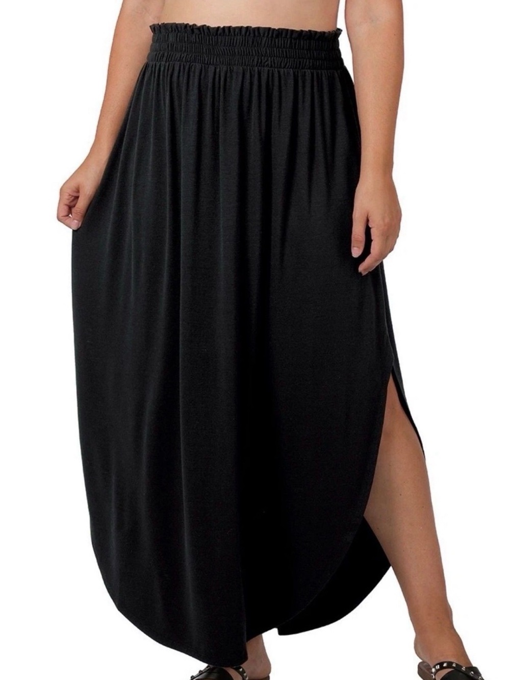 Zenana Outfitters Black Smocked Waist Maxi Skirt with Side Slit - Picture 2 of 2